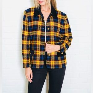Vintage Blazer Tartan Plaid Wool Joan Leslie Jacket 90s Yellow Black Blue Sz 10P